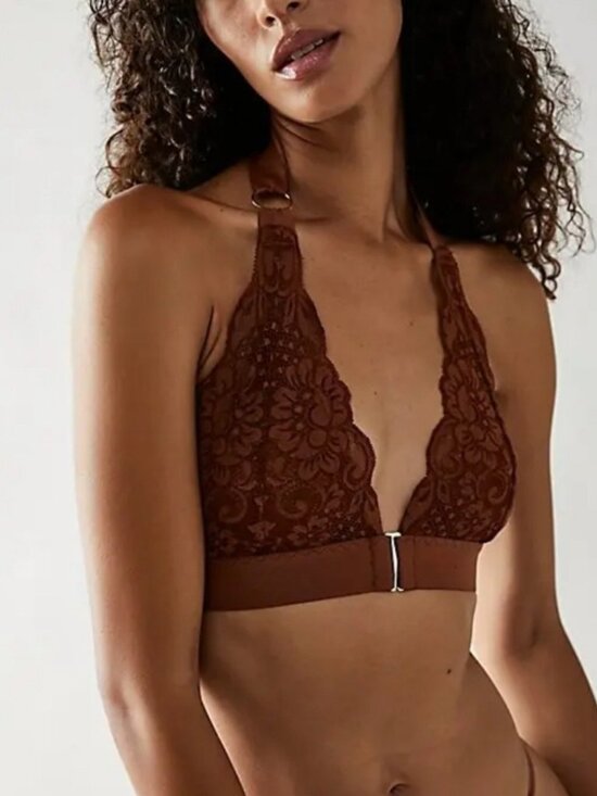 Free People We Are HAH Groupie Bralette Lace Halter Style Sz Medium Womens Brown - Picture 1 of 10